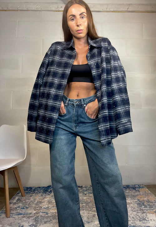 Camicia tartan in flanella over con strass blu notte