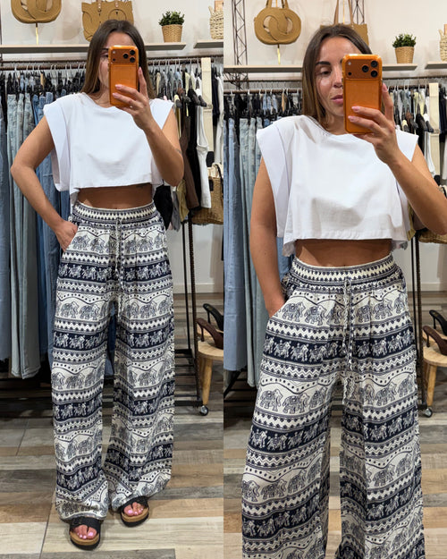 Pantalone etnico in viscosa motivo elefanti a base blu