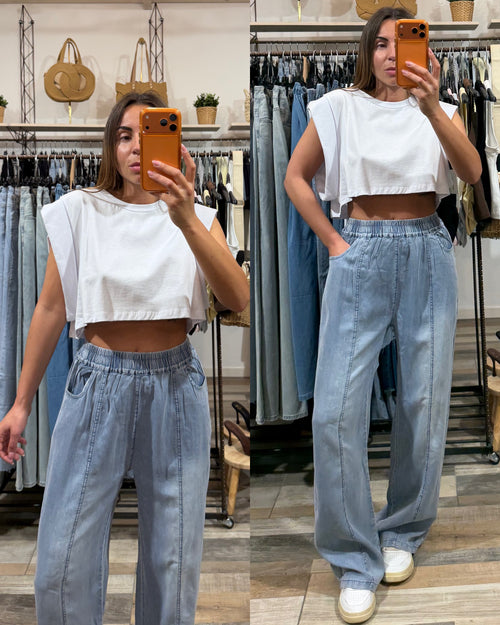 Pantalone in tela leggera lavaggio Denim chiaro 100% cotone
