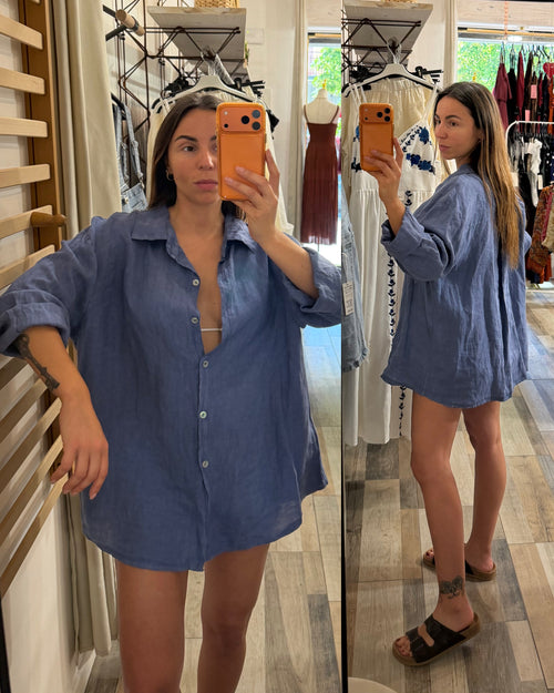 Camicia over in 100% lino blu